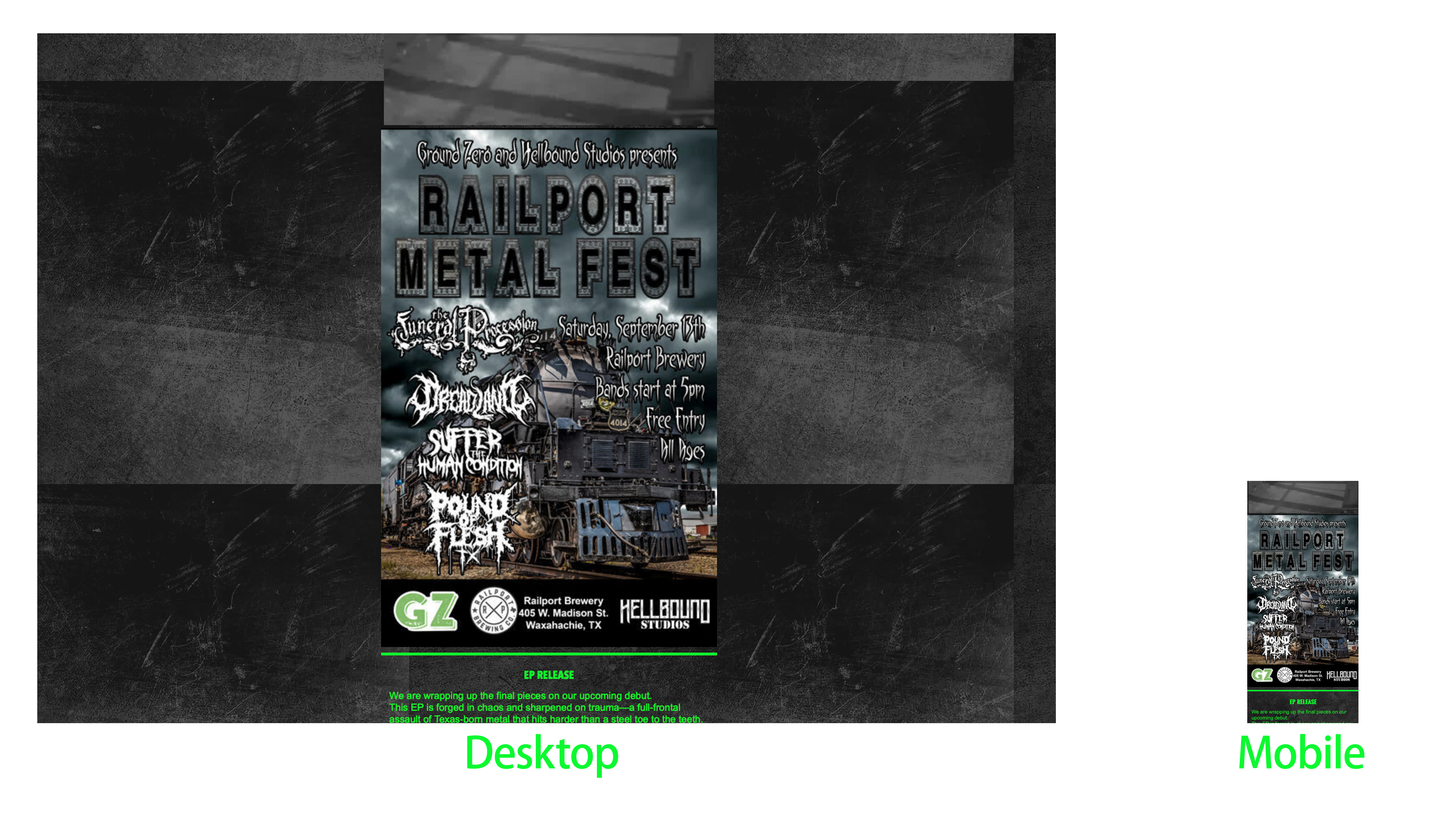 Details of the next live performance with show description, embedded promo video, and flyer artwork to boost attendance.